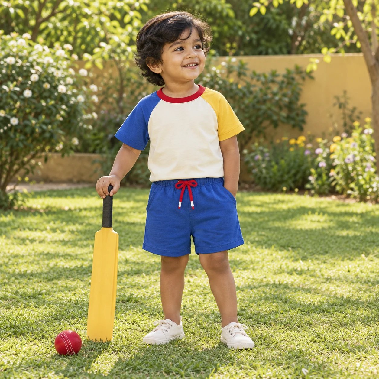 Creative visualisation: a child in the Raglan Play tee and Blue Shorts enjoying garden cricket.